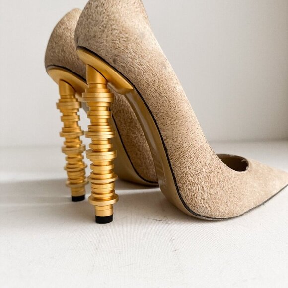 Julia Haart Nude Beige Pointy Toe Unique Heel High Heels 38.5 - Picture 2 of 11